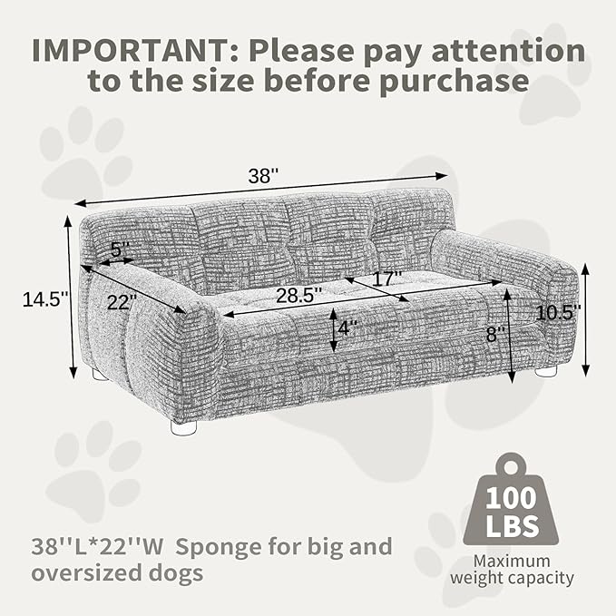 38" Pet Sofa Couch for Small and Medium Dogs, Soft Foam Cushion Dog Couch with Backrest & Armrests, Short Leg Stable Design, Durable Linen Fabric Pet Bed, Modern Style