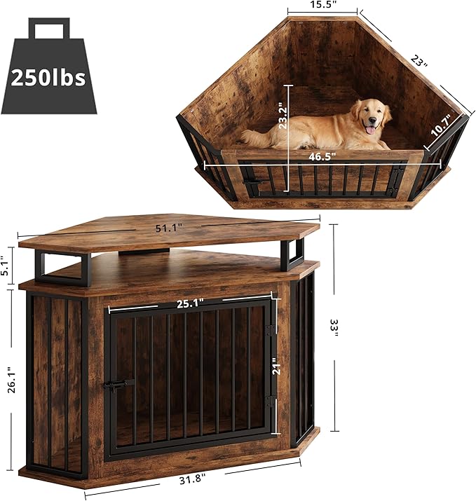 IRONCK Corner Wooden Dog Crate Furniture with 2-Tier Shelves, Pet Kennel for Large Dogs, Space-Saving Dog Cage for TV Stand, Rustic Brown (26.7" L x 51.2" W x 33.5" H)