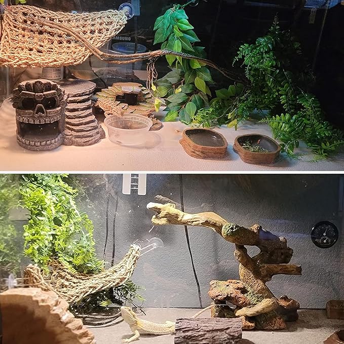 PINVNBY Vines for Reptile Tank,Reptiles Plants for Habitat,Bearded Dragon Hanging Plant Decoration Artificial Leaves Accessories Lizard Natural Seagrass Hammock for Chameleon Geckos Snake