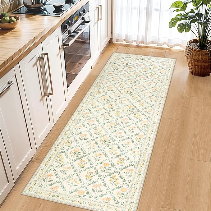 Runner Rug for Entryway: 2x10 Kitchen Rugs Non Slip Washable Ultra-Thin Soft Floral Carpet Indoor Floor Stain Resistant Carpets for Hallway Bedroom Kitchen Laundry Bathroom Dorm Beige/Multi