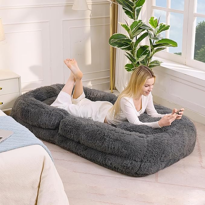 Dark Gray Foldable Human Dog Bed - 69"x35"x12" Fits You & Pets with Comfy Pillow, Washable Faux Fur, Oversized Lounger Lazy Sofa Beds with 5 Adjustable Position