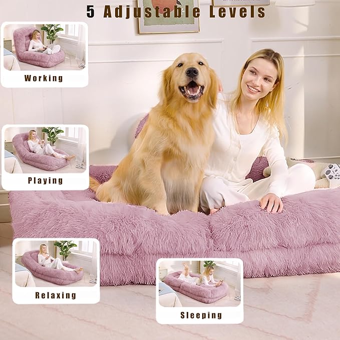 WDYLWFHWPink Foldable Human Dog Bed - 69"x35"x12" Fits You & Pets with Comfy Pillow, Washable Faux Fur, Oversized Lounger Lazy Sofa Beds with 5 Adjustable Position
