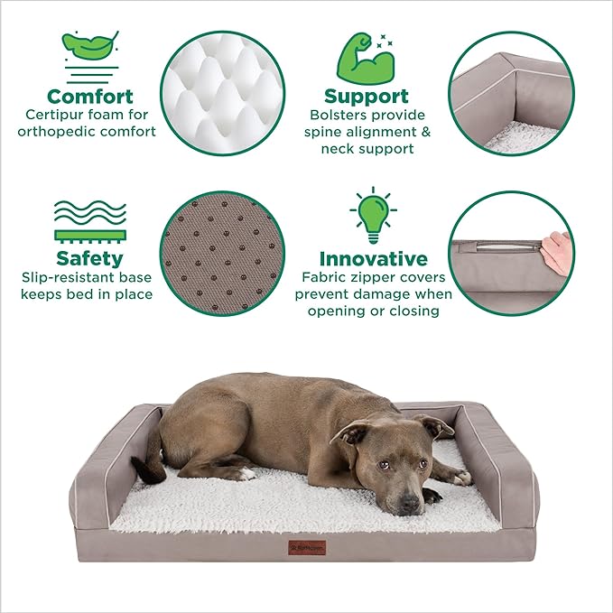 Furhaven Orthopedic Dog Sofa Bed – Memory Foam Couch with Bolsters, Textured Plush & Water-Resistant Cover, Washable Cover, Joint Support - Greige, Medium