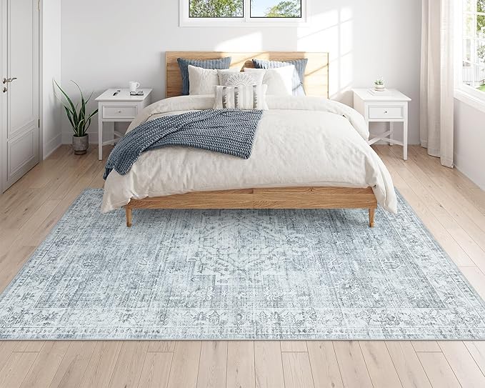 LIVEBOX Washable Area Rug 5x7 Rugs for Living Room Bedroom, Non-Slip Boho Neutral Carpet for Dining Room Office, Low-Pile Farmhouse Soft Carpets for Kids Nursery Room Playroom, Grey