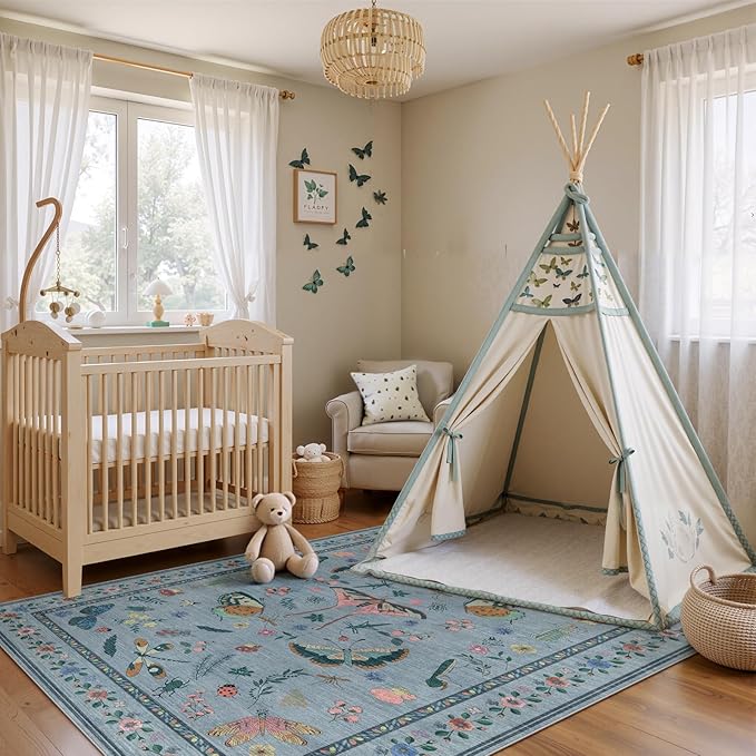 6x9 Rugs for Living Room with Insect Print - Bug Rug Non-Silp Stain Resistant Soft Carpet for Bedroom, Low Pile Ultra-Thin Machine Washable Carpet for Dining Room, Kids Nursery, Office (6'x6' Blue)