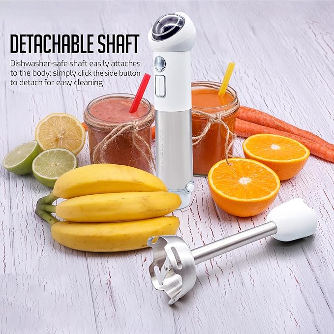 OVENTE Cordless Immersion Hand Blender, 300W Rechargeable Handheld Portable Stick Mixer with Speed Pulse Activating Sensor and Stainless Steel Blades for Smoothies, Shakes or Baby Food, White HR995W