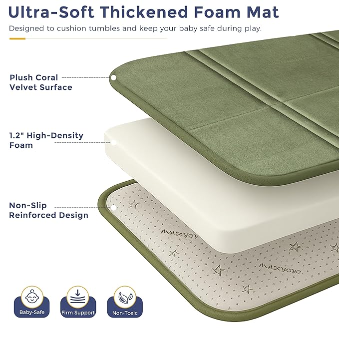 MAXYOYO 1.2" Thick Baby Play Mat for Floor, 59"x 78" Foldable Playpen Mat, Tummy Time Foam Mats Ultra Soft Support, Padded Carpet with Non-Slip Backing for Infant,Kids and Toddler Crawling, Green