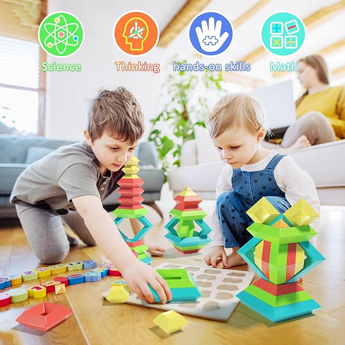 Montessori Toys for Ages 1-3 2-5 Toddlers Kids Baby,Pyramid Stacking Building Toys,3D Preschool Learning Blocks for Kids,STEM Sensory Toy Gifts for 2-4 Year Old Boy Girl,Plastic Storage Bag Set