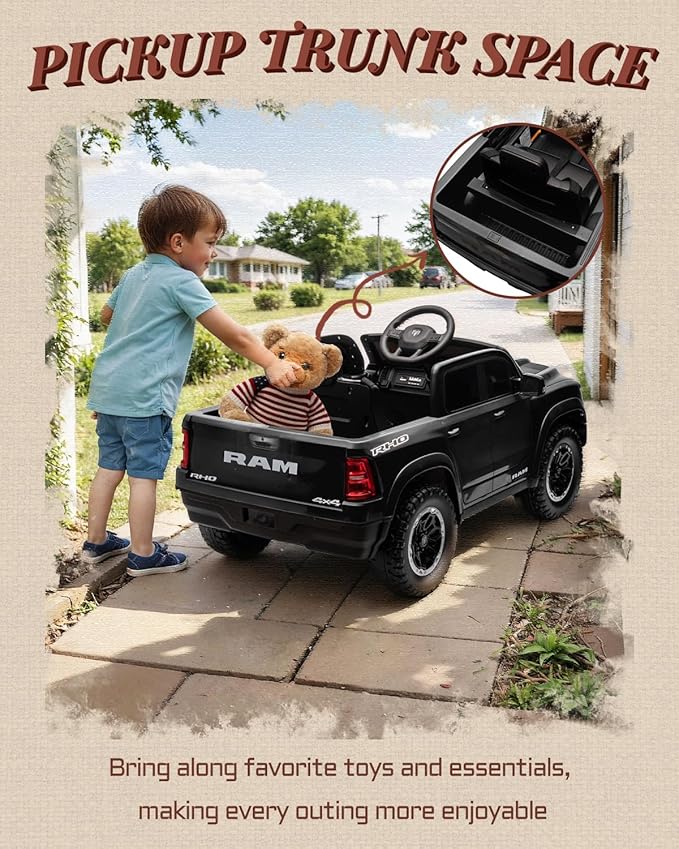 12V Licensed Ram 1500 Ride on Toy for Kids, Toddler Ride on Pickup Truck with Parent Remote Control, Electric Car for Kids with Truck Bed Storage, 3 Point Safety Belt (Black)