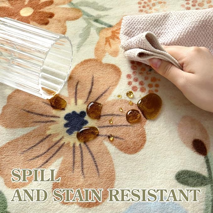 Lahome Floral Round Area Rugs, Washable Small Round Rug 3ft Non-Slip, Soft Boho
