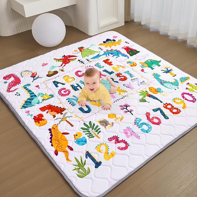 Baby Play Mat - Thicken 50x50 Inch Soft Foam Crawling Mat for Playpen & Floor, Non-Slip Waterproof Playmats for Infants & Toddlers, Portable Foldable & Machine Washable, Dinosaur & Letters