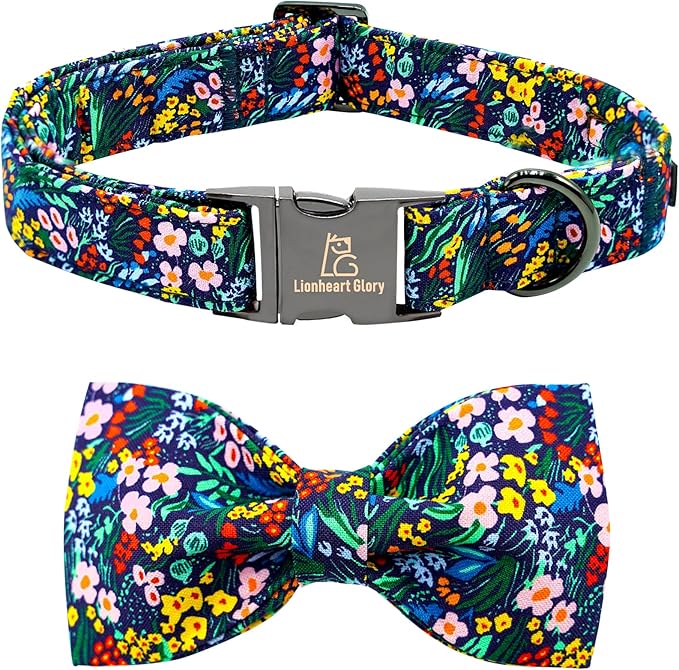 Lionheart glory Dog Collar Darkblue Flower Dog Bow Collars Floral Dog Collar with Bow Male or Female Spring Fall Pet Gift Durable Adjustable Dog Collar for Medium Dogs