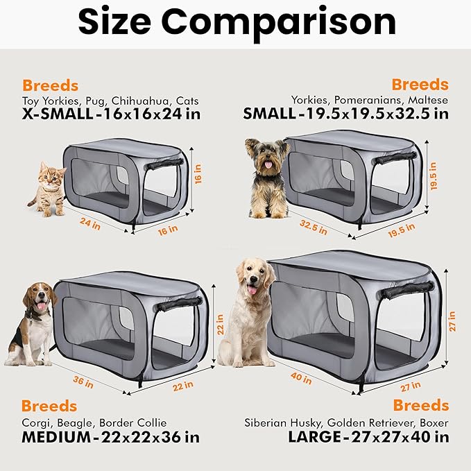 Beatrice Home Fashions Portable, Collapsible, Pop Up Kennel Travel Cat and Dog Crate, 36" L x 22" W x 22" H, Gray