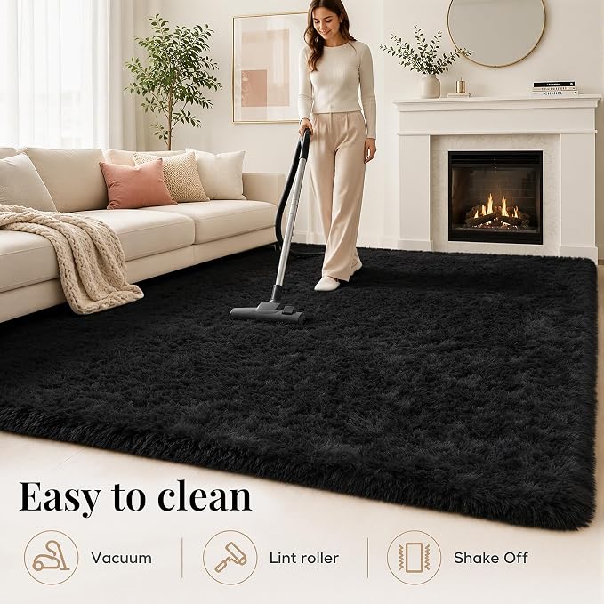 Area Rug for Living Room Bedroom: 6x9 Black Soft Fluffy Shag Upgrade Non-Slip