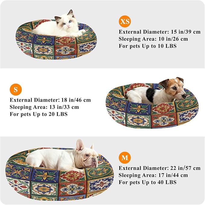 Round Cat Bed Dog Bed,20in Mexican Tile Patterns Washable Non-Slip Bottom Soft Pet Bed for Small Medium Dogs and Cats