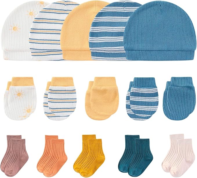 Newborn Baby Boy Girl Caps Mittens Socks Set Cotton Baby Essentials Accessories (Hats+Gloves+Socks)