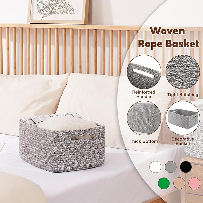OIAHOMY Storage Basket for Shelves, Closet Cube Storage Bins Baskets for Clothes Blanket Towels, Baby Nursery, Toy Baskets Box, Woven Rope Basket, 15.75*11.81*7.09 IN, 2 Packs Grey