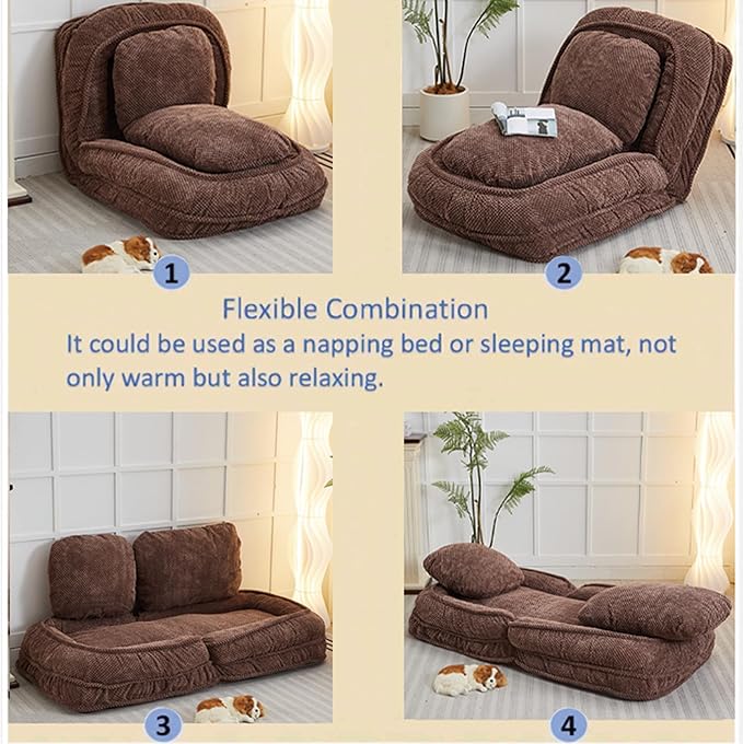 Adjustable 5-Position Human Dog Bed for People, Big Comfy Plush Floor Gaming Lazy Sofa Chair with Pillows & Back Support, Foldable Lounge Loveseat Couch for Living Room Bedroom (Brown)