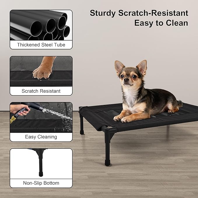 Raised Dog Bed Cooling Cot for Indoor Outdoor Use Portable Waterproof Mesh Pet Bed Washable for Large Medium Small Dogs, Black