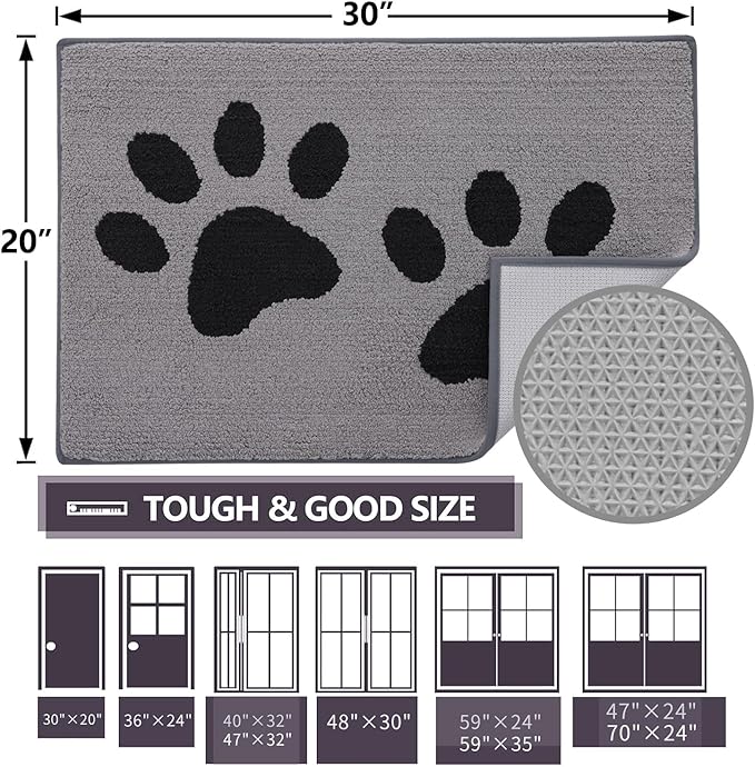 Buganda Dog Door Mat for Muddy Paws, Absorbent Dirt Trapper Washable Indoor Doormats, Non Slip Low-Profile Mud Mat for Dogs, Front Entrance Doormat for Inside Floor (40x32 Inches, Grey)