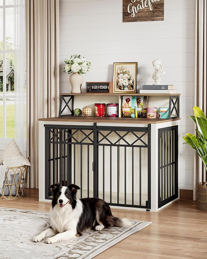 39.4'' Dog Crate Furniture, Large Wooden Dog Crate with Storage and 3 Doors, Indoor Kennel for Medium/Large Dogs, End Table with Barn Door, Chew-Proof and Escape-Proof, White Brown DFC87414B