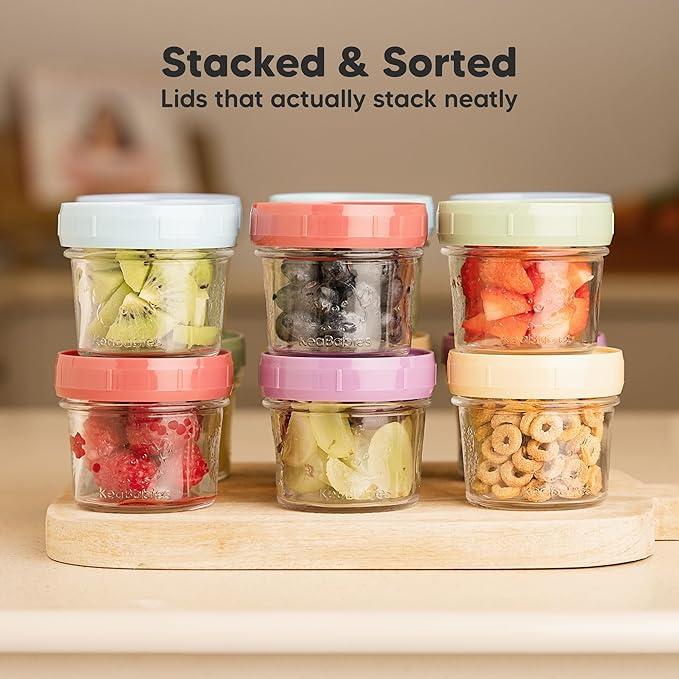 KeaBabies 12pk 4oz Glass Baby Food Containers with Lids - Leak-Proof, Microwavable Small Glass Jars, Baby Purees & Toddler Snack Storage Containers, BPA-Free, Dishwasher & Freezer Safe (Nord)