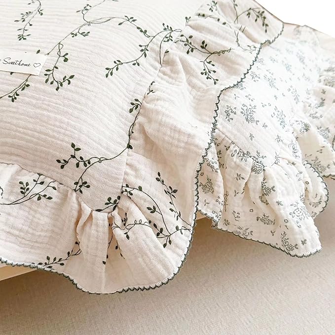 BuLuTu 100% Cotton Muslin Floral Pillowcase Standard Size Soft Breathable Gauze Cotton Kids Teens Pillow Cases 20"x26", Durable Pillow Cover, 1 Piece, Vine Pattern, Machine Wash