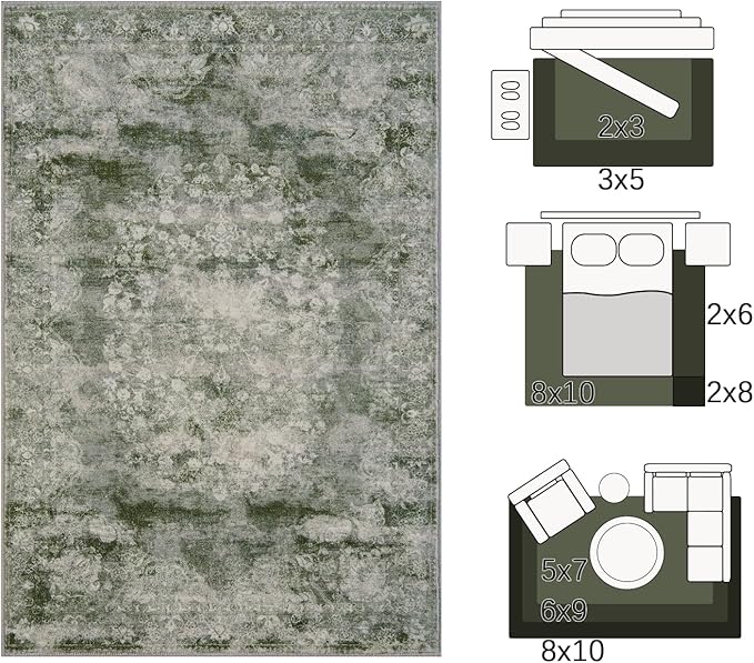 jinchan Green Floral 3x5 Area Rugs for Entryway - Machine Washable Vintage Distressed Design Low-Pile Soft Non-Shedding Carpet for Kitchen Bedside Laundry Living Room (3x5ft, Forest Green)