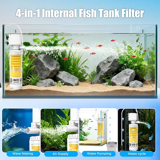 Fish Tank Filters for 10-20 Gallon Tank, 4-in-1 Aquarium Filter with Multi-Layer Filtration, Adjustable Oxygenation & Wavemaker, Impurity Separation