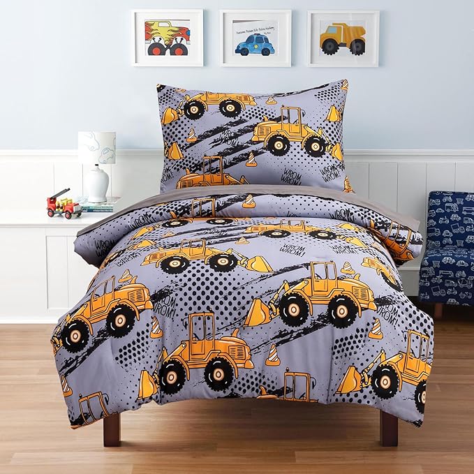 NTBED 4 Pieces Construction Toddler Bedding Set for Baby Boys, Excavator Truck Vehicles Cars Printed, Includes Comforter, Flat Sheet, Fitted Sheet and Pillowcase,Grey
