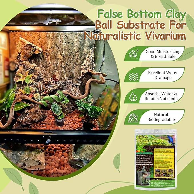 Riare 2LBS Expanded Clay Balls Terrarium Substrate for Reptiles - 100% Organic Lightweight Clay Pebbles Substrate Frogs False Bottom Substrate, Bioactive Terrarium Substrate for Drainage and Moisture