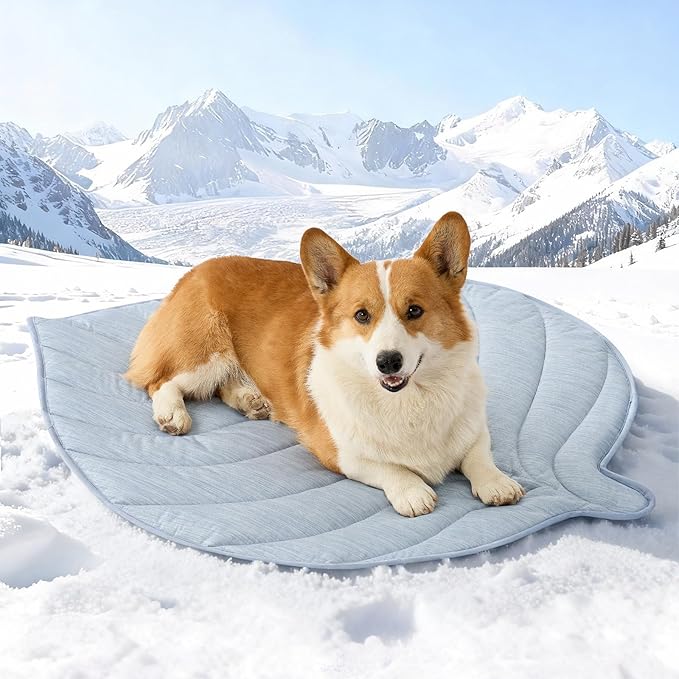 Dog Cooling Mat, Q-Max > 0.4 Leaf Shaped Pet Pad, Liquid Pee Proof Summer Mat for Cats, Washable Sleep Blanket for Bed Couch Floor Indoor, 39x34 inch, Blue