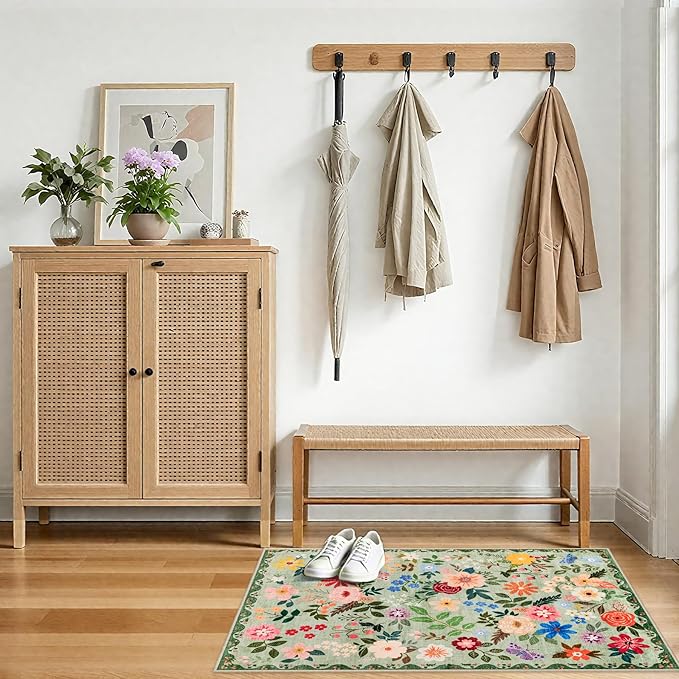 Entryway Rug 2X3 Small Rugs: Floral Washable Door Mat Vintage Soft Low Pile Non-Slip Kitchen Rugs Stain Resistant Indoor Throw Rug for Entrance, Bedroom, Kitchen, Laundry, Bathroom Green