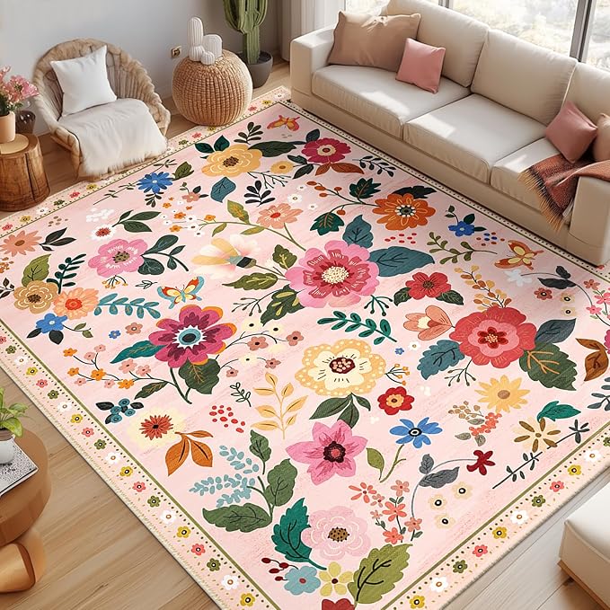 Floral 9x12 Area Rug Machine Washable Soft Print Boho Carpet Non Slip Doormat Low Pile Flower Area Rugs for Living Room Bedroom Nursery Kitchen Dining Room Indoor-Pink
