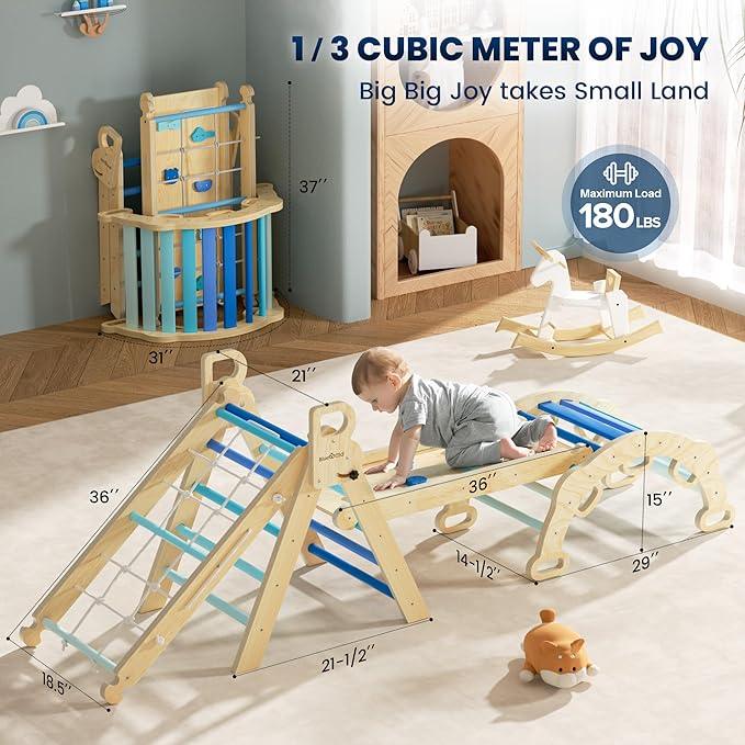 BlueWood 2025 8-in-1 Pikler Triangle Climbing Set Toddler Toys Indoor Baby Jungle Gym Climber Playground for Kids - Sky Blue
