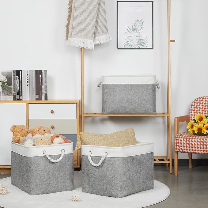 Bidtakay Large Storage Baskets for Organizing 3-Pack Fabric Closet Organizers Storage Bins with Handles 16x11.8x11.8 In Collapsible Baskets for Shelves Cloth Home Organization L-White&Grey
