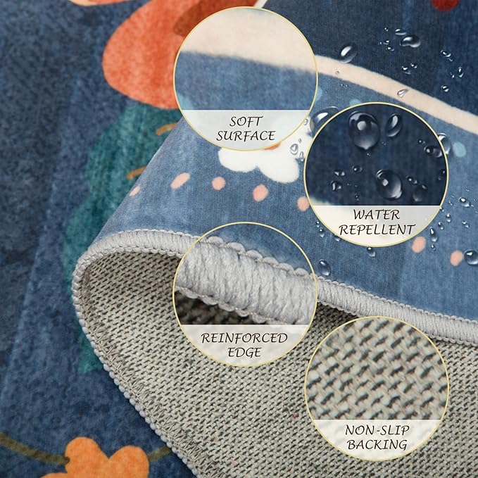 Floral 2x3 Area Rug Machine Washable Soft Print Boho Carpet Non Slip Doormat Low Pile Flower Area Rugs for Living Room Bedroom Nursery Kitchen Dining Room Indoor-Blue/Grey