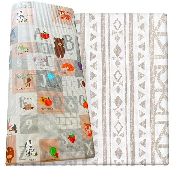 Cushmat Stylish Reversible Foam Play Mat (Large, Crystals Gray - Tropical Safari) - Soft, Waterproof, Durable Play mat for Infants, Babies, Toddler, Kids & Grownup - 6.5ft x 4.5ft