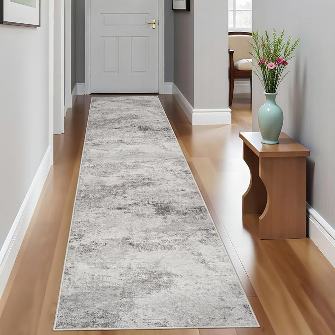 Grey Abstract 2x10 Washable Non-Slip Hallway Runner Rug | Soft Stain Resistant