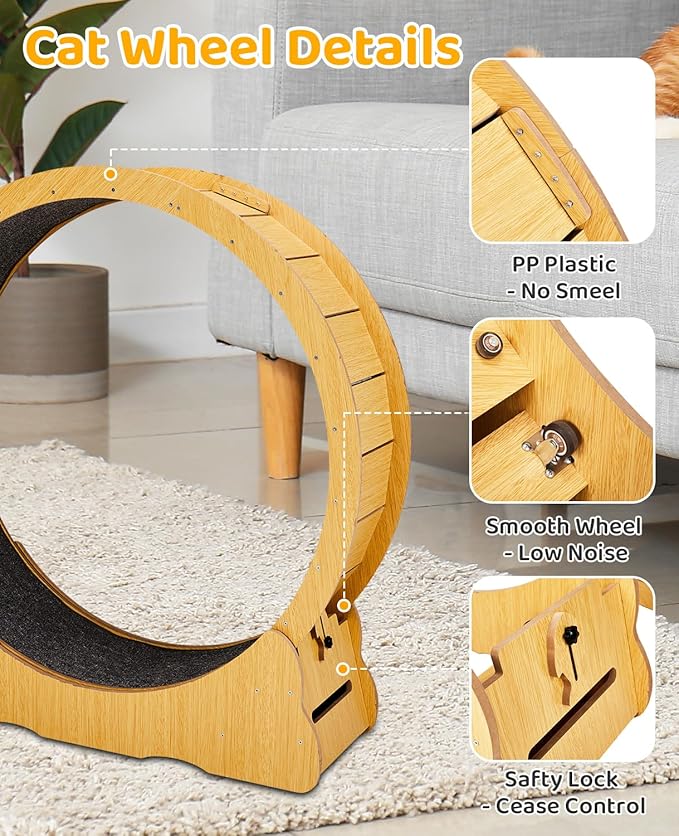 Outvita Cat Exercise Wheel for Quiet Running Indoor Use, 43.3" Cat Treadmill with Detachable Carpet, Cats Exerciser Helps Cats to Lose Weight and Keep Health, Easy to Install (Natural Wood)