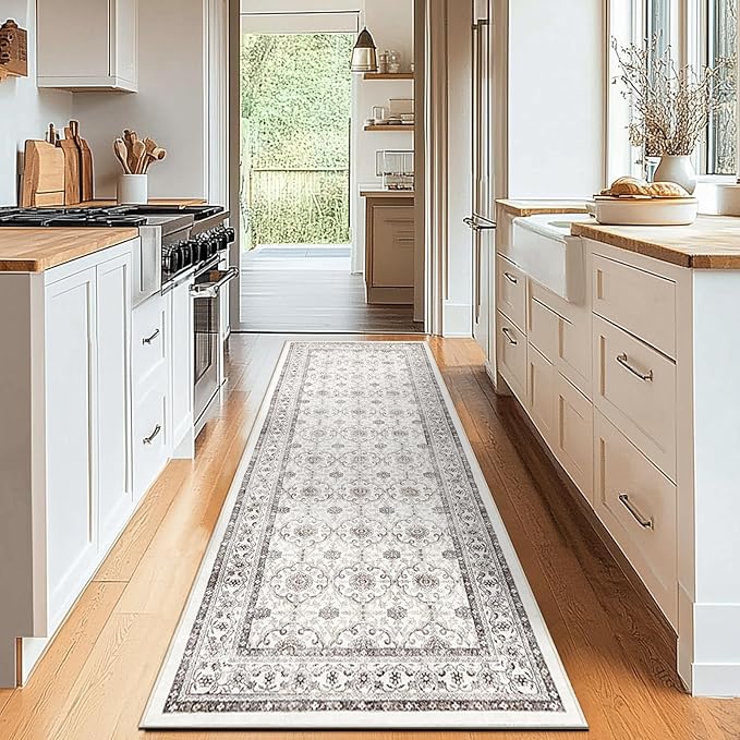 jinchan Hallway Runner Rug 2x8 - Machine Washable Beige Vintage Floral Distressed Design Soft Non-Slip Low-Pile Ultra-Thin Runner Rug for Kitchen Laundry Room Bedroom Farmhouse (2‘x8',Beige)