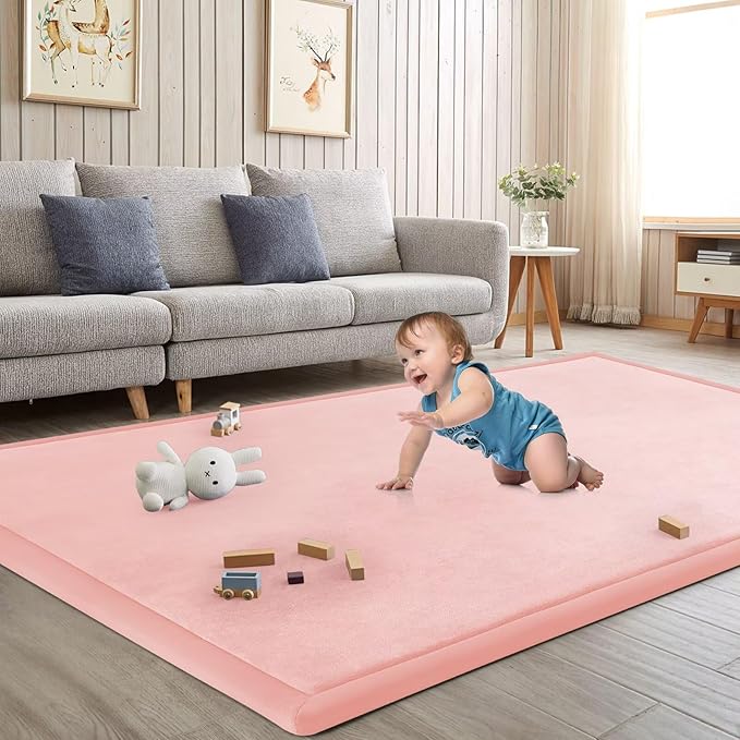 Baby Play Mat for Floor Tummy Time Mat Nursery Rug Muscle Mat Area Rug Playroom Rug Tatami Mat 13'1"x6'7" Memory Foam 1.3" Thick Crawling Mat for Babies,Toddlers, Infants, Kids,Floor Mat(Pink)