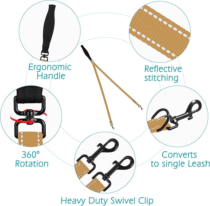 PetBonus Two Point Control Dog Leash, Works with No Pull Harnesses, No Tangle Training Leashes, Soft Padded and Reflective Walking Lead, Converts to Single Lead for Medium Large Dogs (Khaki)