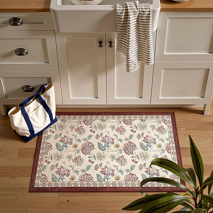 jinchan 2x3 Floral Rug for Entryway Washable Kitchen Rug Vintage Romance Design Small Mat Non Slip Indoor Doormat Lightweight Low-Profile Throw Carpet for Entrance Bathroom Laundry Room, Red/Beige