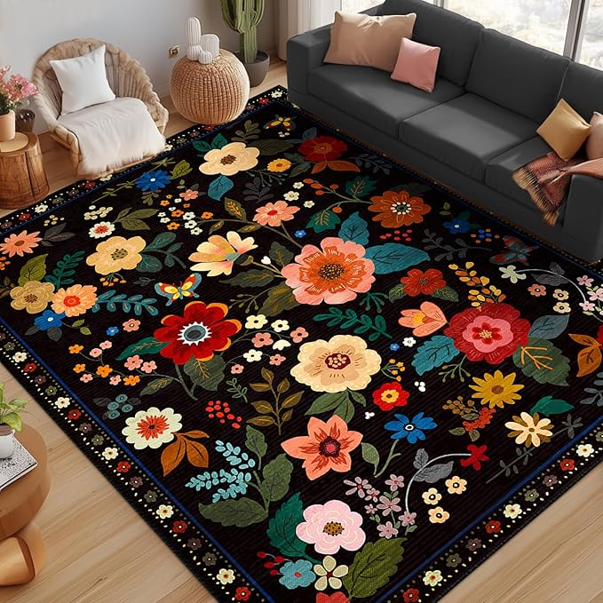 Floral 9x12 Area Rug Machine Washable Soft Print Boho Carpet Non Slip Doormat Low Pile Flower Area Rugs for Living Room Bedroom Nursery Kitchen Dining Room Indoor-Black