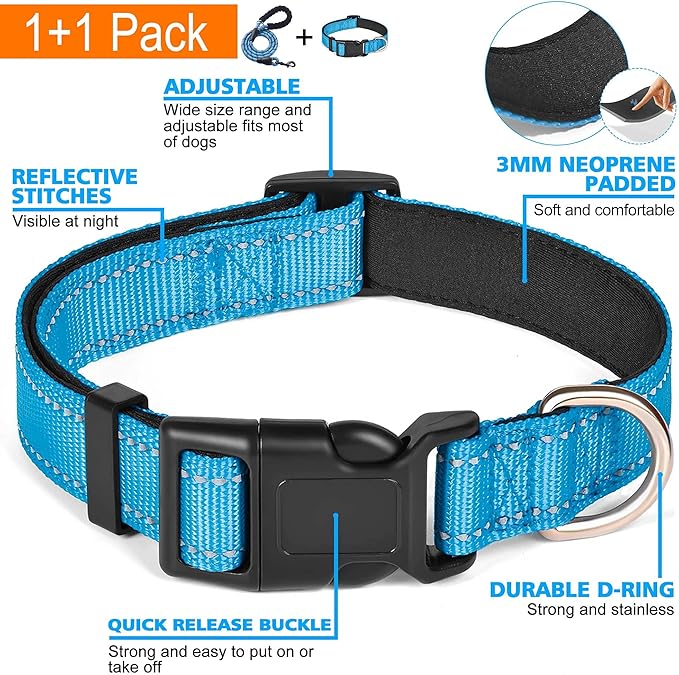 Reflective Dog Collar Padded with Soft Neoprene Breathable Adjustable Nylon Dog Collars for Small Medium Large Dogs (Small (Pack of 1), Vivid Blue Collar+Leash)