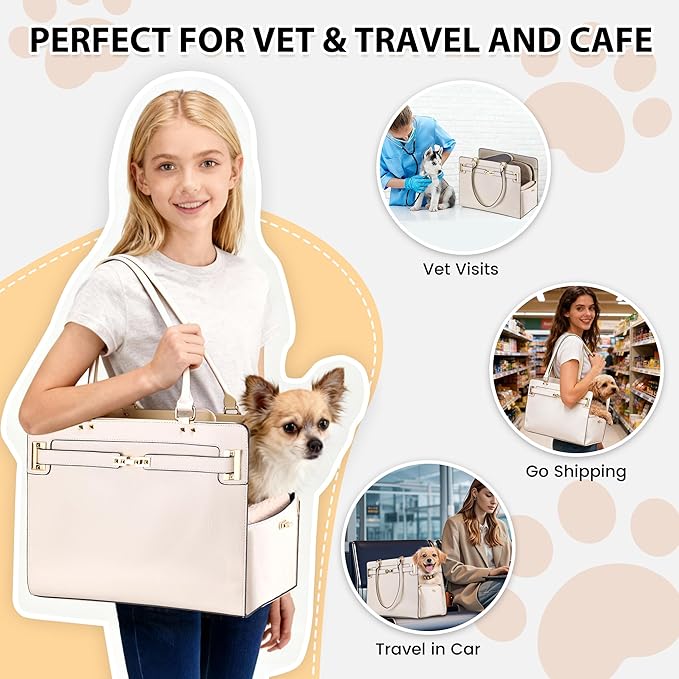 Dog Purse Carrier for Small Dogs, Stylish Foldable Pet Carrier Purse Tote Bag with Washable Cushion & Safety Leash, Airline Approved Puppy Travel Bag with Pockets (White)