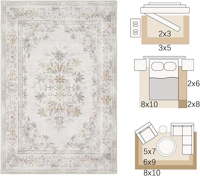 jinchan Vintage Floral 4x6 Area Rugs - Machine Washable Distressed Design Soft Ultra-Thin Low-Pile Non-Slip Carpet for Entryway Kitchen Bedroom Nursery Living Room Dining Room (4x6ft,Light Grey)