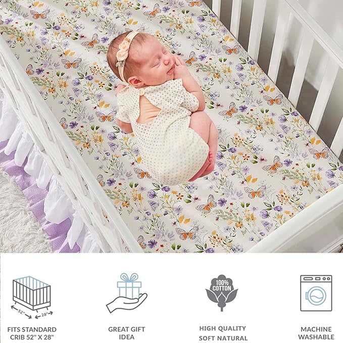 Brandream Wildflower Butterfly Crib Bedding Sets for Girls Nursery Set 3-Piece Farmhouse Quilt Comforter Set, Baby or Toddler Fitted Sheet, Double Crib Skirt, Cotton