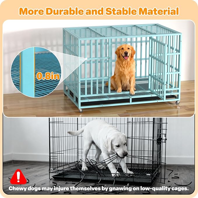 48 Inch Heavy Duty Dog Crate, Indestructible Escape-Proof Dog Kennel for High Anxiety Large Dogs, Strong Metal Pet Cage with Double Doors, Lockable Wheels & Removable Tray, XL XXL XXXL